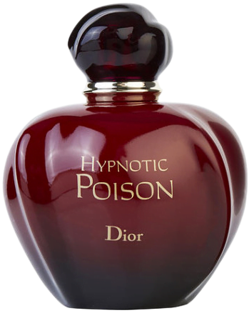 A round, dark red apple-shaped bottle of Hypnotic Poison Eau de Toilette by Dior with a round black cap with gold rim.