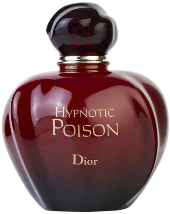 A round, dark red apple-shaped bottle of Hypnotic Poison Eau de Toilette by Dior with a round black cap with gold rim.
