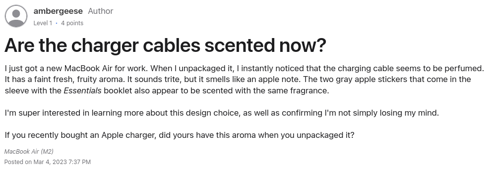 Screenshot of an Apple support forum post in which user ambergeese asks whether Apple charger cables are scented.