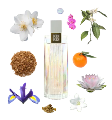 Collage of Bora Bora Eau de Parfum and its notes, including tuberose, water lily, mandarin, orchid, sandalwood, and ginger.