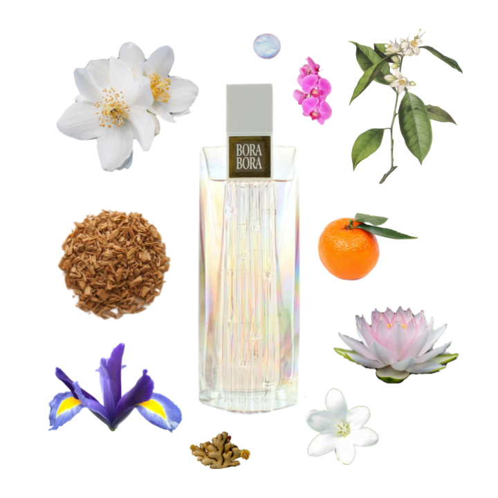 Collage of Bora Bora Eau de Parfum and its notes, including tuberose, water lily, mandarin, orchid, sandalwood, and ginger.