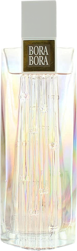 Clear glass bottle with holographic backing and square cap filled with cream-color Bora Bora Eau de Parfum by Liz Claiborne.