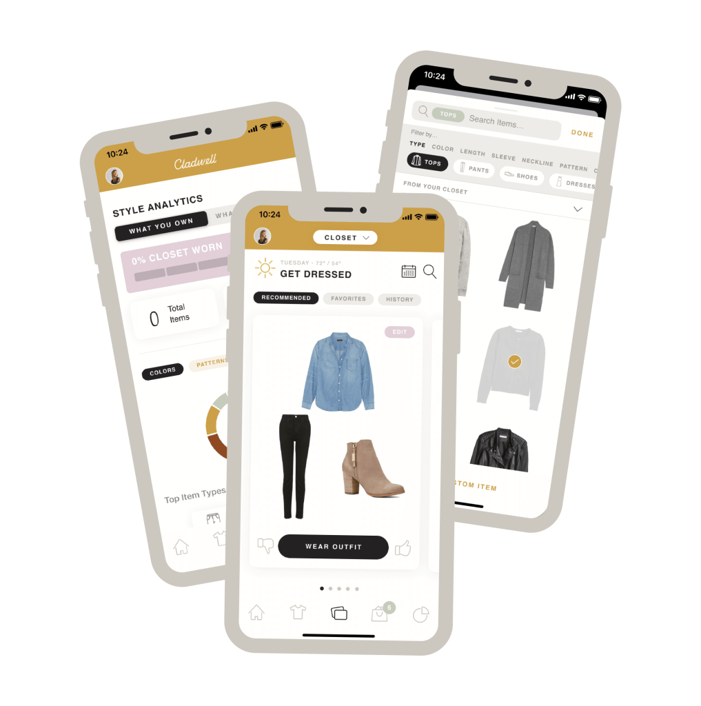 Three smartphones with the Cladwell wardrobe app opened on each of them showing various clothes.