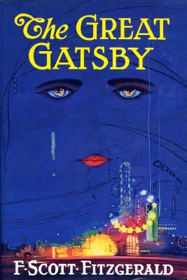 The cover of The Great Gatsby by F. Scott Fitzgerald, a blue book with two large eyes and a golden glowing city.