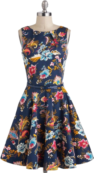 An A line circle skirt dress with a navy paisley print on a pale skin-colored dress form.