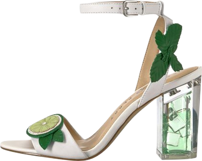 A chunky four inch Katy Perry strappy white high heel sandal with a lime, mint sprig, and green ice cube lucite details.