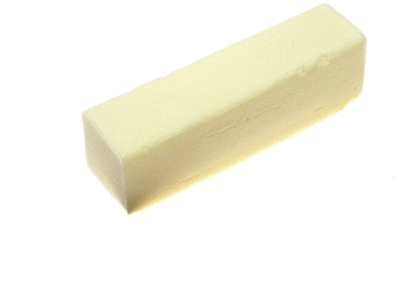 An unwrapped rectangular stick of pale yellow butter.