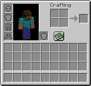 An inventory window from the video game Minecraft with a number of empty slots in which the player can store items and armor.