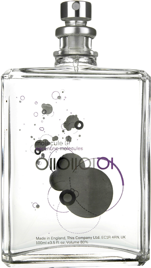 Clear glass rectangular bottle of Molecule 01 Eau de Toilette by Escentric Molecules with an abstract gray and purple print.