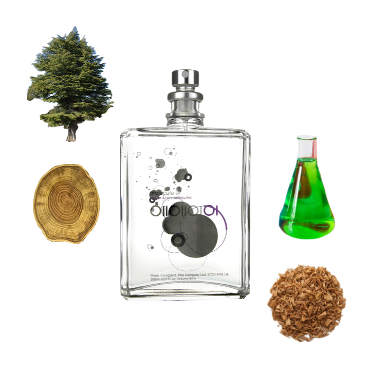 Collage of Molecule 01 by Escentric Molecules and a cedar tree, sandalwood chips, wood, and a flask of bright green liquid.