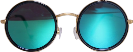 A pair of round sunglasses with gold metal, black rim, and sea blue-green glass.
