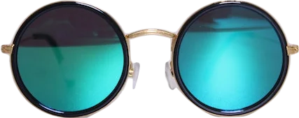 A pair of round sunglasses with gold metal, black rim, and sea blue-green glass.