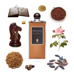 Santal Majuscule Eau de Parfum by Serge Lutens Review Collage of Santal Majuscule and its notes, including tonka bean, chocolate, cocoa, rose, rosewood, and old books.
