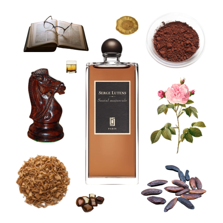 Collage of Santal Majuscule and its notes, including tonka bean, chocolate, cocoa, rose, rosewood, and old books.