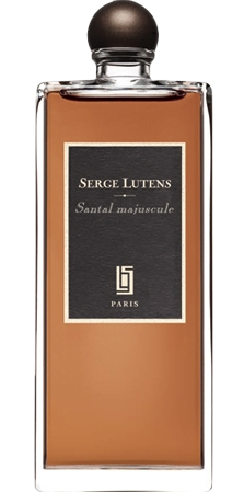 Large rectangular glass bottle of Serge Lutens' Santal Majuscule perfume with light brown liquid, tan label, and a round cap.
