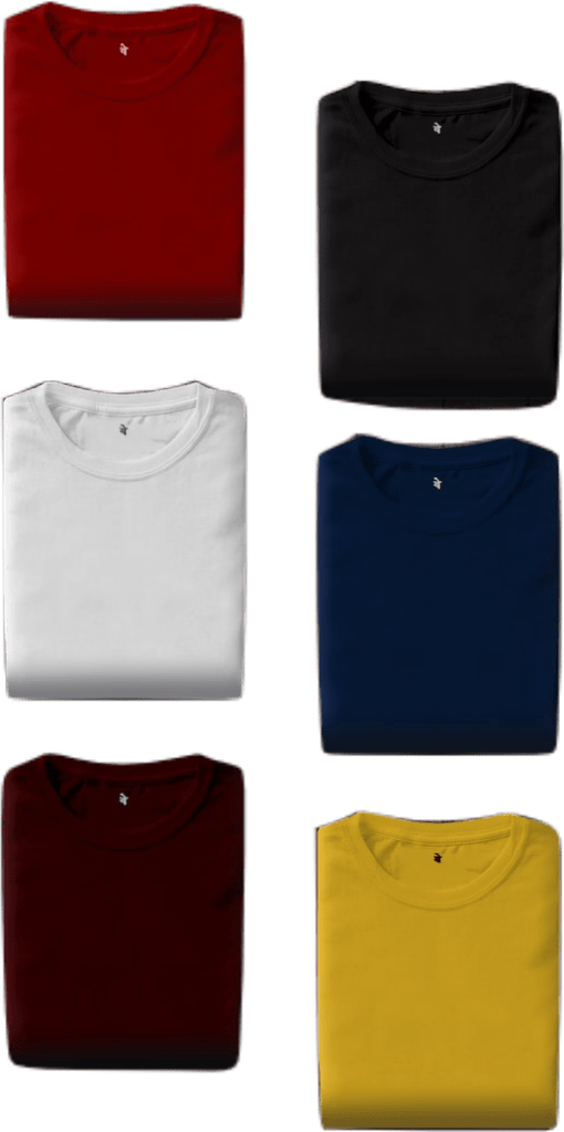 Six neatly folded tee shirts in jewel tones: maroon, forest green, navy, black, white, and mustard yellow.