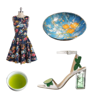 Collage of a navy paisley dress on a dress form, white high heel sandal, blue and gold plate, and white cup of green tea.