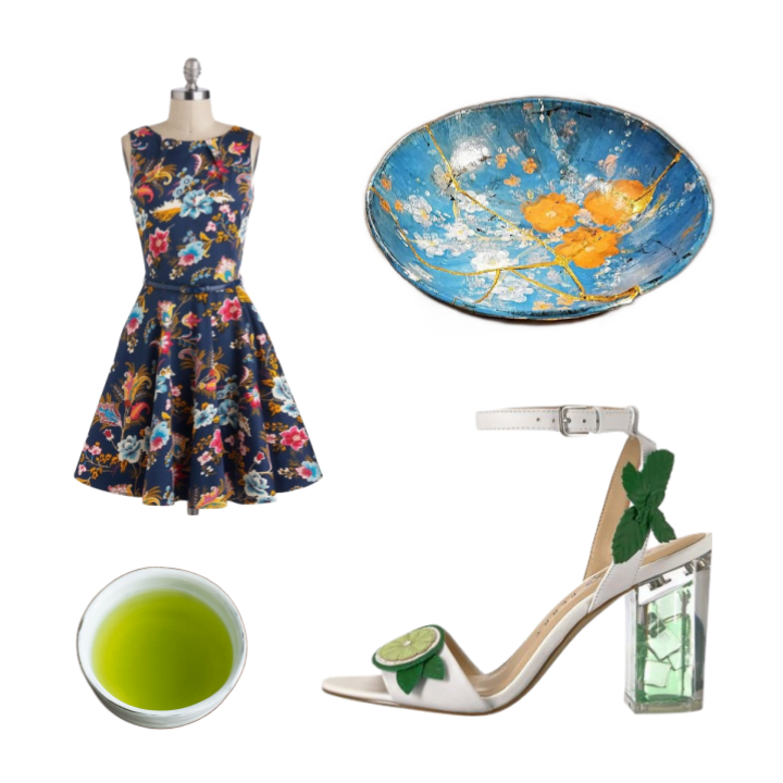 Collage of a navy paisley dress on a dress form, white high heel sandal, blue and gold plate, and white cup of green tea.