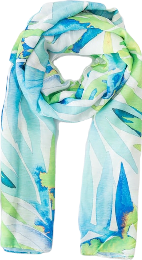 A delicate white scarf with blue and green watercolor designs.