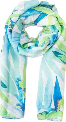 A delicate white scarf with blue and green watercolor designs.
