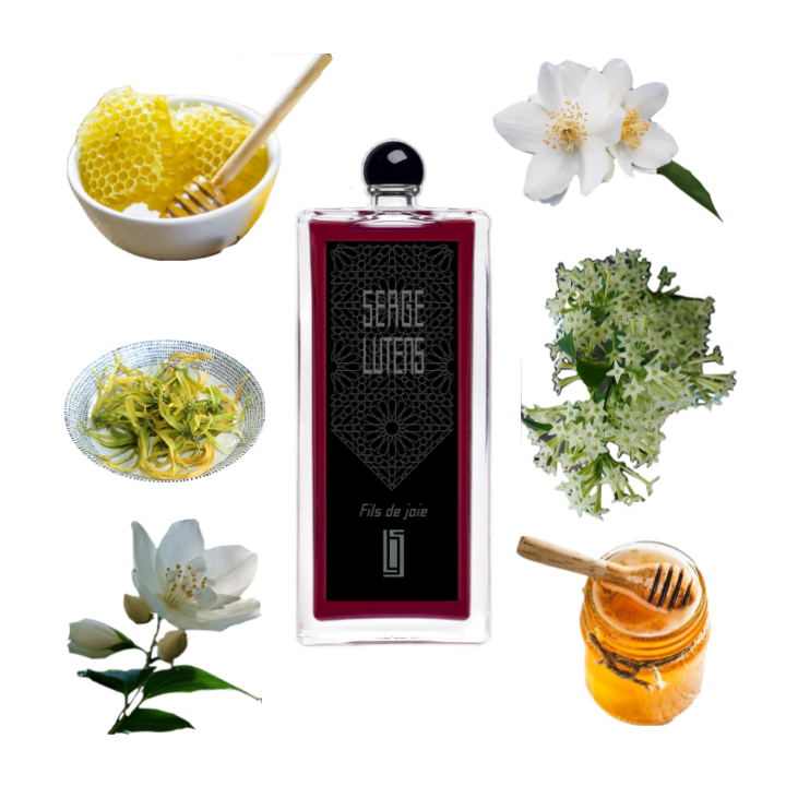 Collage of Fils de Joie Eau de Parfum by Serge Lutens, along with its notes: night blooming jasmine, honey, and ylang ylang.