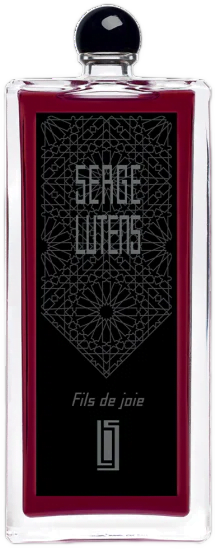 Tall rectangular glass bottle of Fils de Joie Eau de Parfum by Serge Lutens with black label, round cap, and dark red liquid.