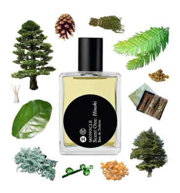 Collage of Hinoki Eau de Toilette by Comme des Garcons and its notes including cedar, vetiver, camphor, oakmoss, and cypress.