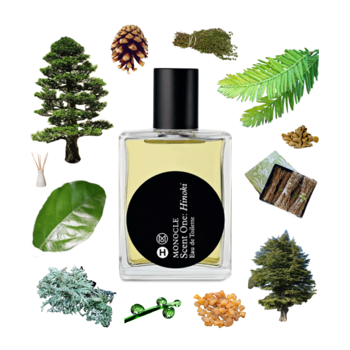 Collage of Hinoki Eau de Toilette by Comme des Garcons and its notes including cedar, vetiver, camphor, oakmoss, and cypress.