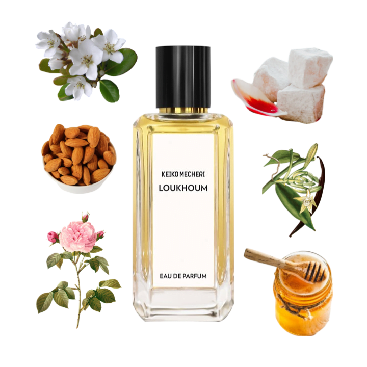 Collage of Keiko Mecheri's Loukhoum Eau de Parfum and its notes, including rose, honey, hawthorn, vanilla, almond, and musk.