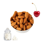 What Does Almond Smell Like? Collage of a white bowl full of almonds, a red cherry fruit, and a jar of white sugar cubes with a pile of sugar beside it.