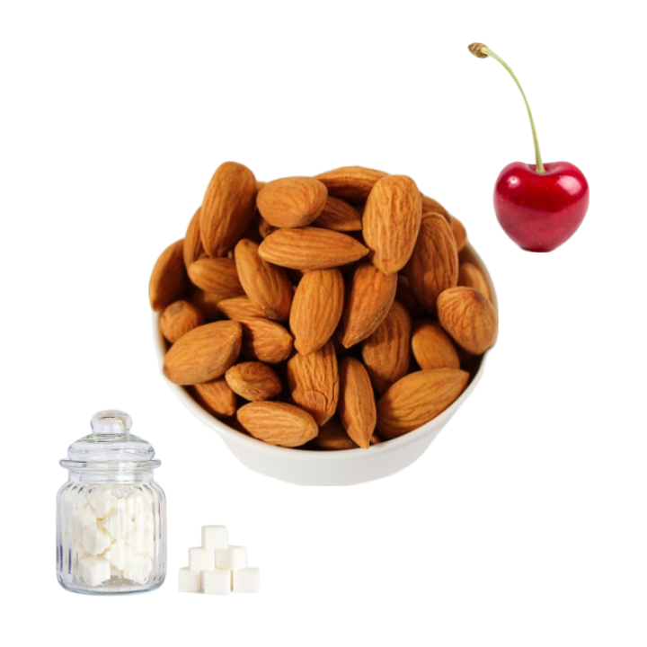 Collage of a white bowl full of almonds, a red cherry fruit, and a jar of white sugar cubes with a pile of sugar beside it.