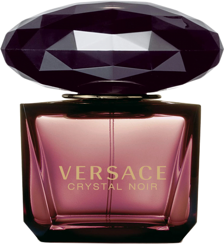 Cubic plum-colored glass bottle of Versace's Dark Crystal Eau de Parfum with a large shiny black faceted round plastic cap.