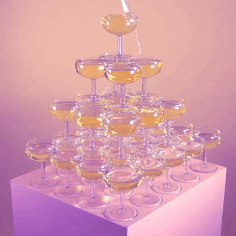 Animation of liquid pouring in the overflowing top glass of a pyramid of wine glasses and trickling down to fill all of them.
