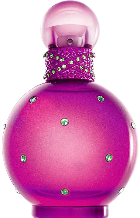 Spherical shiny pink perfume bottle with a round cap and rhinestones filled with Britney Spears' Fantasy perfume.