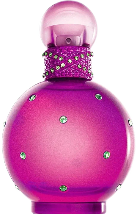Spherical shiny pink perfume bottle with a round cap and rhinestones filled with Britney Spears' Fantasy perfume.