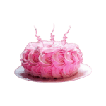 A lush birthday cake covered with pink buttercream roses and topped by three lit candles.