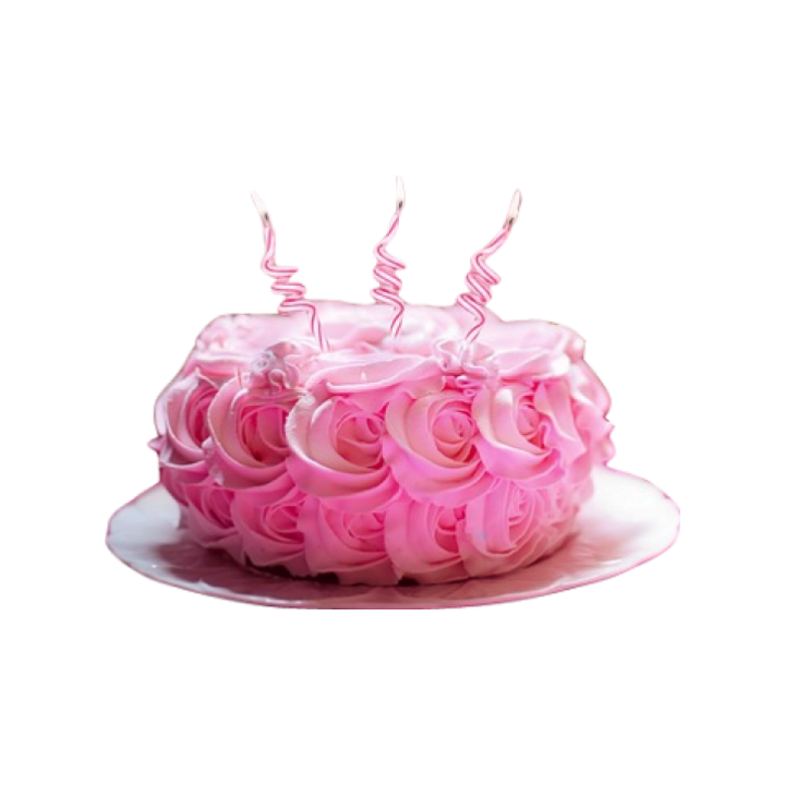 A lush birthday cake covered with pink buttercream roses and topped by three lit candles.