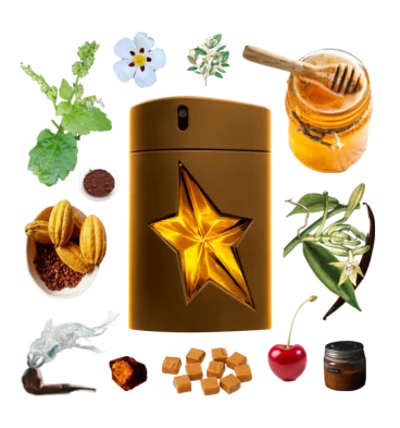 Collage of Mugler's Pure Havane cologne and its notes including honey, tobacco, vanilla, patchouli, labdanum, and cacao.