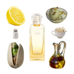 Un Jardin à Cythère Eau de Toilette by Hermès Review Collage of Hermes' Un Jardin a Cythere and its notes of olive oil, pistachio ice cream, lemon sorbet, and salt.
