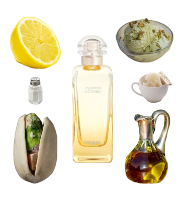 Collage of Hermes' Un Jardin a Cythere and its notes of olive oil, pistachio ice cream, lemon sorbet, and salt.
