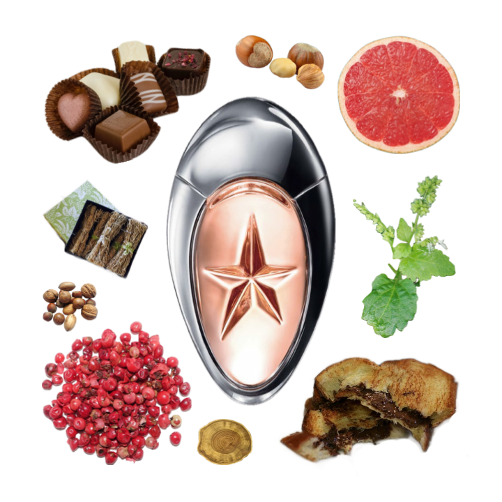 Collage of Mugler's Angel Muse and its notes, including chocolate hazelnut spread, pink pepper, patchouli, and grapefruit.