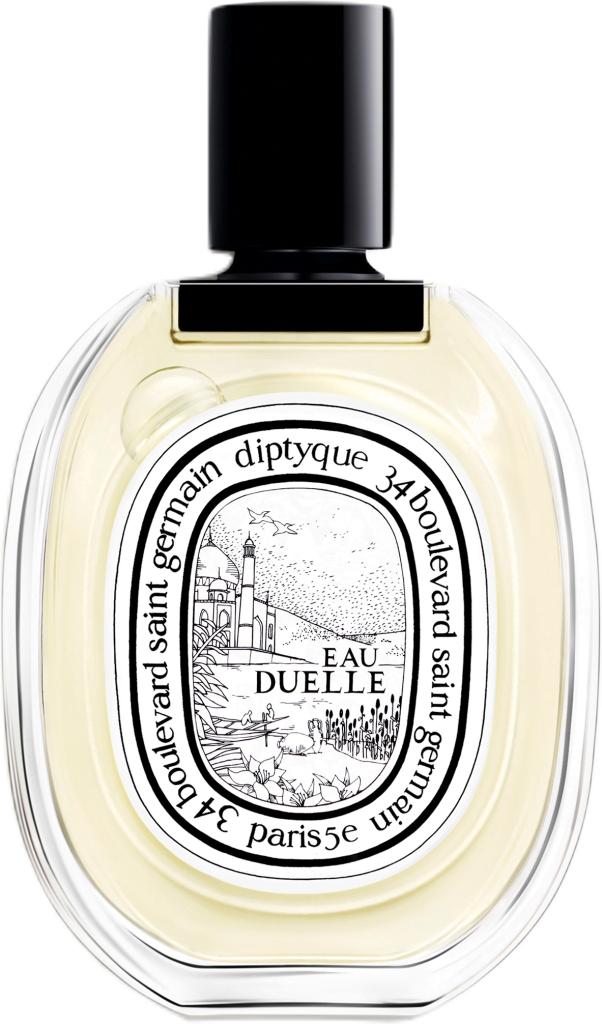 Round glass oval shaped bottle of Eau Duelle Eau de Toilette by Diptyque with a white illustrated sticker and black cap.