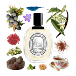 Eau Duelle Eau de Toilette by Diptyque Review Collage of Diptyque's Eau Duelle and its notes, including vanilla, black tea, saffron, juniper, bergamot, elemi and cardamom.
