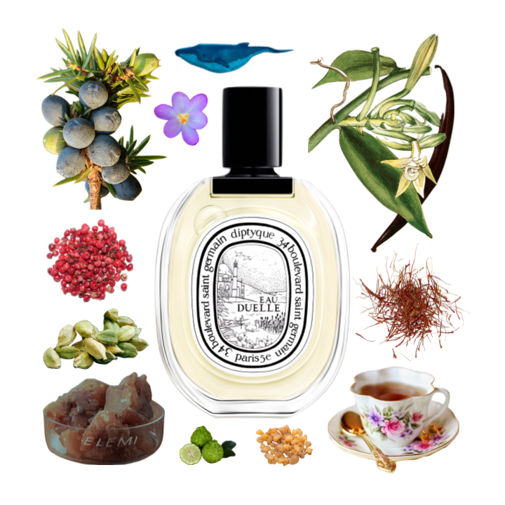 Collage of Diptyque's Eau Duelle and its notes, including vanilla, black tea, saffron, juniper, bergamot, elemi and cardamom.