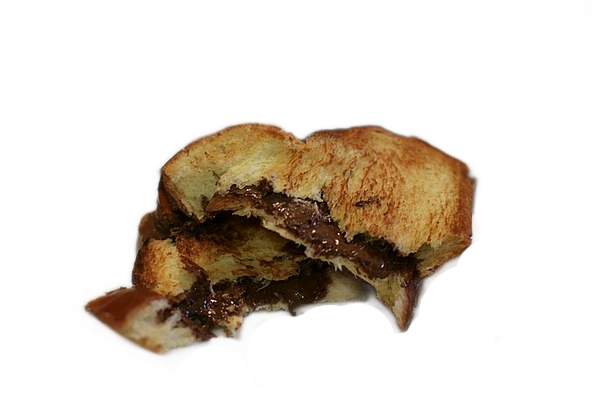 A bitten-into sandwich made of toasted white bread and chocolate hazelnut spread.