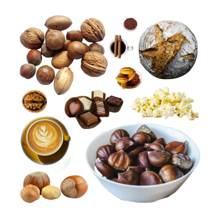 Collage of a variety of nuts and seeds, like chestnuts and walnuts, as well as bread, coffee, popcorn, chocolate, and cacao.