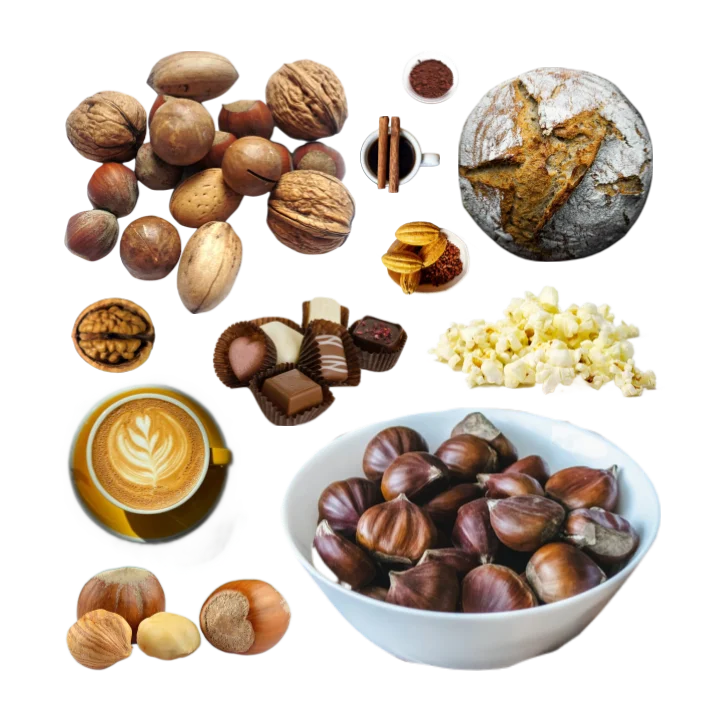 Collage of a variety of nuts and seeds, like chestnuts and walnuts, as well as bread, coffee, popcorn, chocolate, and cacao.