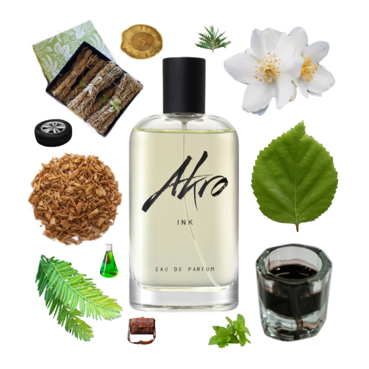 Collage of Ink Eau de parfum by Akro and its notes, including birch tar, ink, vetiver, sandalwood, rubber, and jasmine.