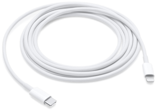 A wrapped-up white iPhone charger cable.