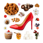 Every Barbie from the Barbie Movie as a Perfume Collage of a red stiletto high heel shoe and a number of foods and flowers, like almonds, chocolate, honey, tea, and jasmine.